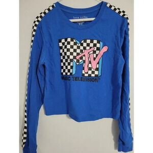 WOMEN'S MTV BLUE CHECKERED LONG SLEEVE CROP TOP SIZE MEDIUM - PERFECT CONDITION